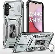 [PASNEW] for A14 5G Phone Case,Samsung A14 4G Phone Case Kickstand Camera Cover Slide,Military Double Shell Rugged Heavy Duty Full Body Shockproof Protective A14 5G Cases Silver