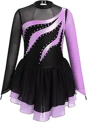 [IBAKOM] Girl Figure Skating Dress Metallic Sheer Mock Neck Ice Skating Teen Rhythmic Gymnastics Leotard with Chiffon Skirt