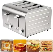 Toaster, 4/6-slices Toaster with 7 Bread Tone Settings, Commercial Bread Baker, Automatic Ejector, Removable Crumb Tray, Stainless Steel, Suitable for All Bread Types 4-Slices
