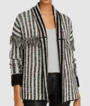 $198 Aqua Women's Black White Fringe Rib-Trim Knit Open-Front Cardigan Sweater L