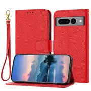 Pixel 7 Pro Case Litchi Grain PU Leather Folio Cover Magnetic Closure Flip Wallet Card Slots Stand Case With Hand Strap, Brown - Red