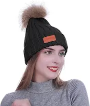 [HEYANN] Women's Winter Hat,Cute Knit Winter Bobble Hat with Detachable Faux Fur Pom Pom Warm Chunky Cable Knit Ski Cap Winter Pompom Beanie Hats for Women