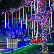 YEGUO Solar Christmas Lights Outdoor, 8 Tubes 144 LED Meteor Shower Lights, Falling Rain for Tree Holiday Roof Xmas Decor (Multicolor)