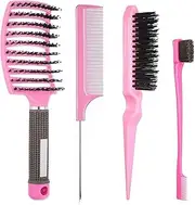 SYTHAK 4pcs Hair Brush, Boar Bristle Slick Back Hair Brushes for Women Men Kids Paddle Detangler Curved Vent Styling Hairbrush for Wet Dry Curly Thick Hair Smoothing Massaging Detangling PINK