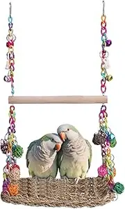 Bird Toys - Hanging Parakeet Swing | Wooden Seagrass Perch for Cockatiel Exercise, Small Pet Hammock with Chewing Rope, Conure Lovebird Play Stand Bed for Cage Fun, Finch Relaxing Lounger