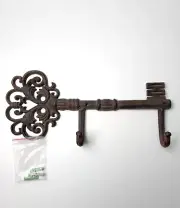 Cast Victorian Design Iron Skeleton Key Decor w/ 2 Coat or Key Hooks 14"x 6"