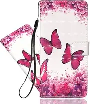 IMEIKONST Compatible with iPhone 14 Case Leather 3D Pattern Wallet Magnetic Phone Case Foldable Flip Case Cover 360 Shockproof Protective Case for iPhone 14 Red Butterfly Flower YB