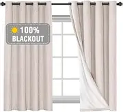 Smarcute 100% Blackout Curtains for Bedroom/Living Textured Linen Look Thermal Insulated Blockout Window Curtain Draperies with White Backing (Sold Pair, Each Piece W132cm x D160cm, Natural)