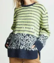 $298 NWT CURRENT ELLIOTT Sz2=M THE WES BRUSHED STRIPED LEOPARD SWEATER BLUE MULT