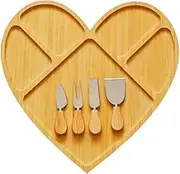 Heart Shaped Cheese Board and Knife Set,Bamboo Charcuterie Board Set,Cheese Platter Serving Board with 4 Stainless Steel Knife,Wooden Cheese Tray,Perfect for Housewarming,Christmas,Birthday Gift