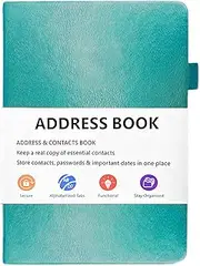 ZTOWOTO Address Book B6，Leather Address Book with Alphabetical Tabs,5.3 x 7.7 Phone Book Hardcover，Small Address Book and Password Book Combo for Record Contacts, mobile phone and Notes（Blue）