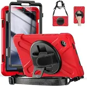 JSUSOU Samsung Tab A9 Case 8.7 Inch 2023 with Screen Protector&Pencil Holder | SM-X110/X115/X117 Case for Kids | Shockproof Rugged Protective Cover with Stand Hand Strap Shoulder Strap Red