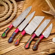 Handmade Damascus Steel Kitchen Knife Set Of 5pcs With Leather Sheath