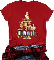 [FCDIED] Christmas Books Tree T-Shirt Women Teachers Love Reading Xmas Gift Tee School Christmas Holidays Casual O-Neck Tshirts