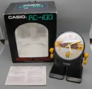 Vtg 80s Casio AC-100 Robot Alarm Clock Silver Face w/Black Body Japan NOS w/Box