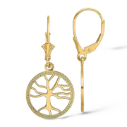 14K Solid Yellow Gold Tree of Life Round Dangle Earrings