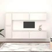 TV Cabinet Wall Mounted Set, White Solid Pine Wood, 6 Piece Floating Media Storage Unit for Living Room