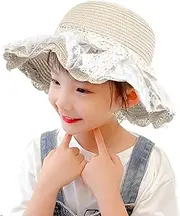 [MioCloth] Little Girls Straw Hat with Lace, Kids Summer Travel Beach Tea Party Wide Brim Floppy Sunhat