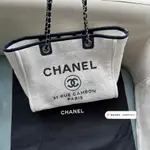 『二手精品』CHANEL 香奈兒 A67001 中號米色 黑色LOGO 大容量沙灘包 鏈條包 單肩包 托特包