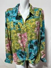 Rose + Olive Large Tie Front Top Shirt Tunic Blue Green Pink Floral Button Down