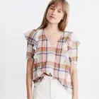 NEW Madewell Cottage Core Plaid V Neck Romantic Ruffle Plaid Top Size XXS