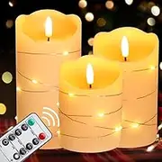 Flickering Flameless Ivory Candles Realistic LED Candles with Remote Control and Timer Battery- Operated Candles. (Embedded String Lights LED Candles Set of 3)