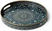 Fuukou Round Serving Tray with Handles - Large Round Ottoman Tray Coffee Table Tray,Plastic Decorative Trays for Coffee Table,Boho Ottoman Trays for Living Room