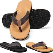 [Cutecrop] 2 Pairs Men's Flip Flops Soft Cushion Footbed with Arch Support Leather Thong Sandals Beach Non Slip Slippers