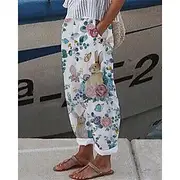 Women's Linen-Inspired Pants Harem Pants Fashion Boho Full Length Mid Waist Rabbit Flower Elastic Waist Breathable Comfortable Micro-elastic Street Daily Wear
