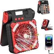 Solar Camping Fan, 15000mAh Outdoor Portable Rechargeable Tent Fan with Lights, 4 Speed, 3 Timers, for Picnic, Hurricane, Fishing, Worksite