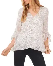 VINCE CAMUTO Pleated Polka Dot Flutter Sleeve Top 5D 2843