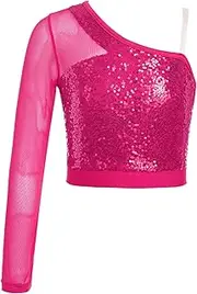 [YiZYiF] Kids Girls Shiny Sequins Dance Top One Shoulder Long Sleeve Tank Top Stage Performance Shirts Dancewear