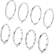 [Kakonia] 8Pcs 1MM 2MM Stainless Steel Rings for Women Men Minimalist Fashion Dainty Plain Thin Knuckle Stacking Midi Thumb Rings Stackable Statement Band Rings Set Silver Gold Tone Size 4-12