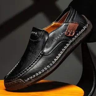 【ANSEL】真皮休閒鞋/真皮手工縫線復古拼接休閒鞋-男鞋(黑)