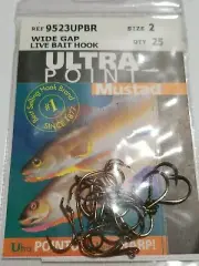25 Mustad Size 2 Wide Gap Live Bait Hooks Opti-Angle Ultra Point Needle Sharp