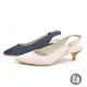 Ea專櫃女鞋 丹寧牛仔 率性尖頭 前包後拉 貓跟 中低跟涼鞋(粉/深藍)偏窄版型7106