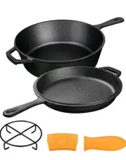 Michelangelo Pre-Seasoned 3 Qt. Cast Iron Dutch Oven with Skillet Lid Combo 2-1