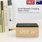 AU Digital Alarm Clock Wooden Table Desk Bedside LED Clock With Wireless Charger