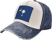 [YANYU] South Carolina Flag Print Fashion Washed Distressed Baseball Cap Vintage Adjustable Hat with Classic Brim, Navy Blue, One Size