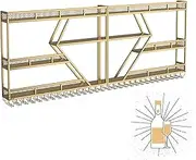 Wall mounted liquor cabinet with light strip and hanging glass holder.Modern black/gold metal bar shelf for storing stylish wine in your kitchen or living room