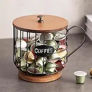Rustic Coffee Pod Holder - Large Capacity Black Wire K cup Storage with Wooden Lid - Round Coffee Basket Decor for Kitchen Countertop for Pods & Espresso Capsules (Cup shape)