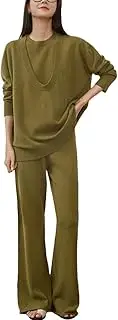 [Generic] Women's Sweater Suits Long Sleeve V Neck Pullovers Knit Vest Tops High Waist Wide Leg Pants 3 Piece Set Tracksuits, En8, Small