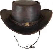 [URBAN 5884] Genuine Leather Cowboy Hat, Western Cowboy Hat Made of Cowhide Leather with Adjustable Brim and Chin Strap