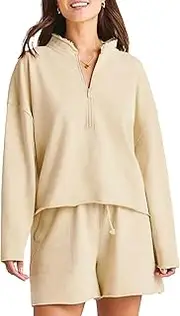 [Bozanly] Women's 2 Piece Outfits Casual Quarter Zip Long Sleeve Pullover and Drawstring Shorts Lounge Set, Khaki, Large