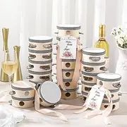 Lukmaa 24 Set 4 Inch Tambourine for Adults Tambourines Bulk Wooden Hand Held Drum with Metal Jingles, Gift Tags, Beige Ribbon Percussion Gift Musical Instrument for Church Wedding Party Favor