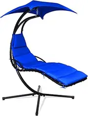 Costway Hanging Lounger Chair w/Canopy, Outdoor Free Standing Swing Chair W/Cushion Built-in Pillow, Freestanding Hammock Chair for Patio Poolside Backyard Garden（Navy）