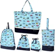COLORFUL CANDY STYLE NS680100 Kindergarten Entrance Series with Safety Gusset, Set of 5 (Quilted Lesson Bag with Gusset, Reflector), Water Repellent, Lightweight Type, Accel Fully Opened, Working Car