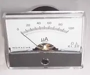 A dc Moving Coil Meter with Wide Angle, Mirrored Scale and Zero Adjustment. Supplied with Screw Fixing kit: Size - 60.3(W) x 46.3(H) x 39(D) mm
