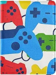 [Amooorous] Beige Cartoon Game Silhouette Leather decorative passport holder for travel family Vaccine Case Protector Cover Passport Holder Combo with Vaccine Card Slot Lightweight, Beige cartoon game silhouette,