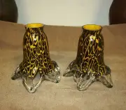 Pair of Hand Blown Glass Lamp Shade Yellow Brown Crackled